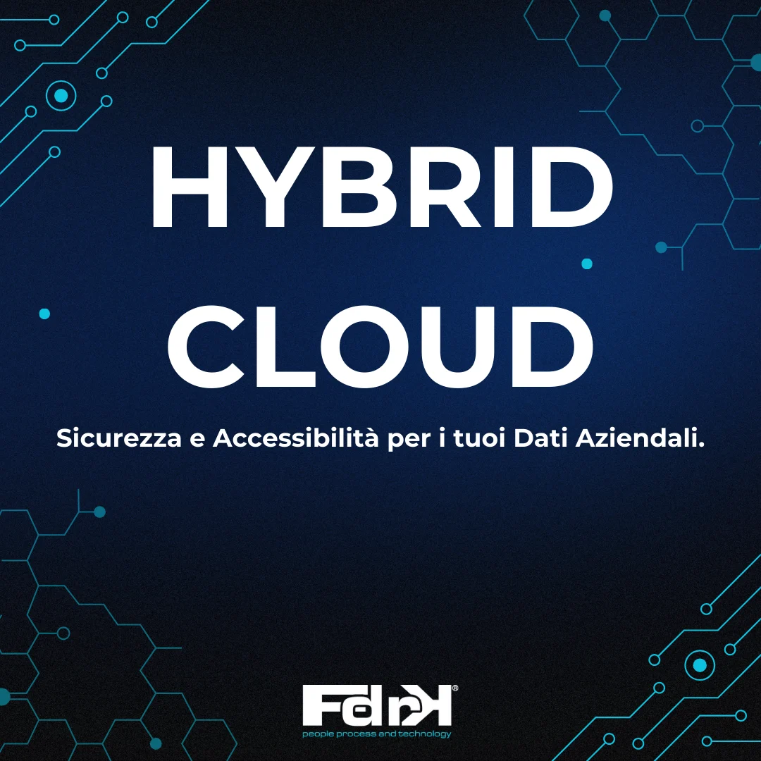 Rappresentazione futuristica di un sistema Hybrid Cloud con connessioni sicure.