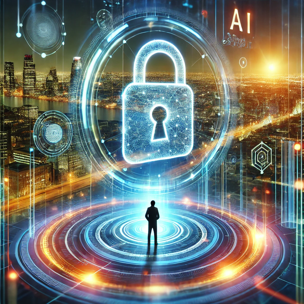 Concetto futuristico della privacy nell'era delle AI, con un lucchetto digitale luminoso che protegge un'interfaccia AI interattiva in una città moderna.